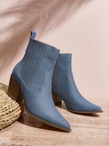 Styleloop 時尚女士尖頭粗跟短靴 - 藍色 - 查看 2
