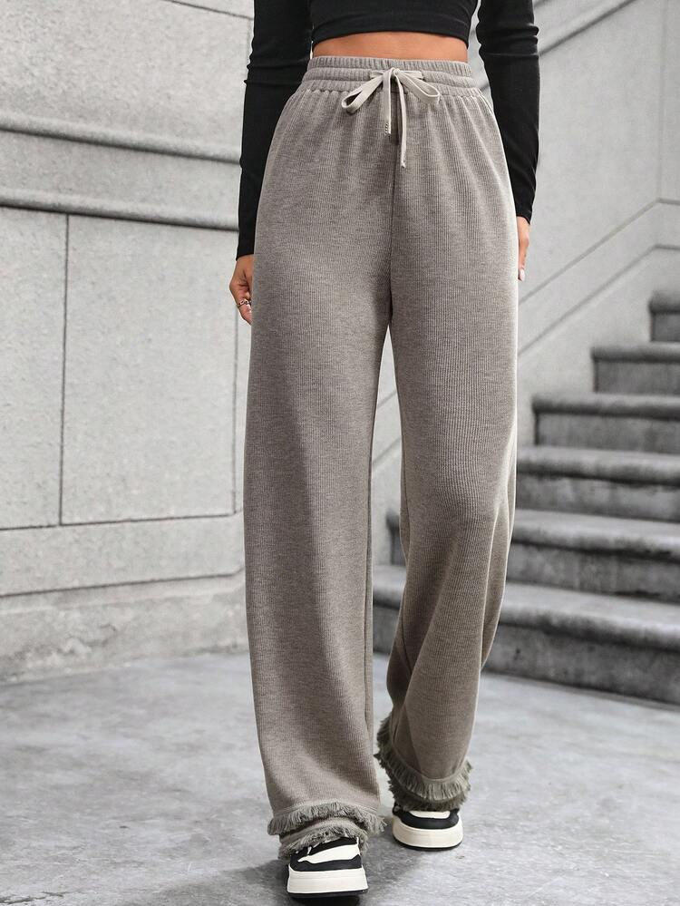 Women's Drawstring Waist Raw Edge Straight Pants