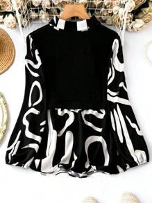 SHEIN Clasi 大尺碼女圖案印花翻領襯衫 - 黑色 - 查看 2