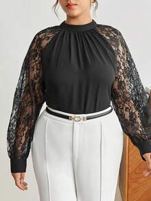 BizChic Hơn Ren tương phản Tay Raglan Cổ giả Áo sơ mi - màu đen - Xem 7