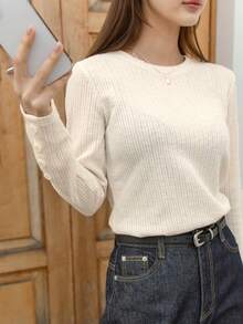 DAZY 女款純色修身圓領羅紋羈絆 T 卹 - 米色 - 查看 12