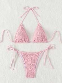 SHEIN Swim Halter Triangle Cup Separated Bikini Set Summer Beach - Pink - View 8