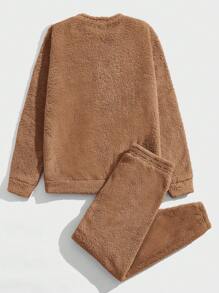 GENTILAND 男士毛絨字母刺繡 2 件套 - 卡其色 - 查看 2