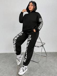 SHEIN Coolane 夜光字母運動衫和運動褲兩件套 - 黑色 - 查看 3