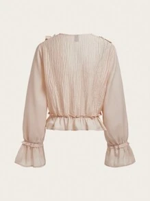 ROMWE PUNK Women's Ruffle Trim Decorated V-neck Blouse - Apricot - View 2