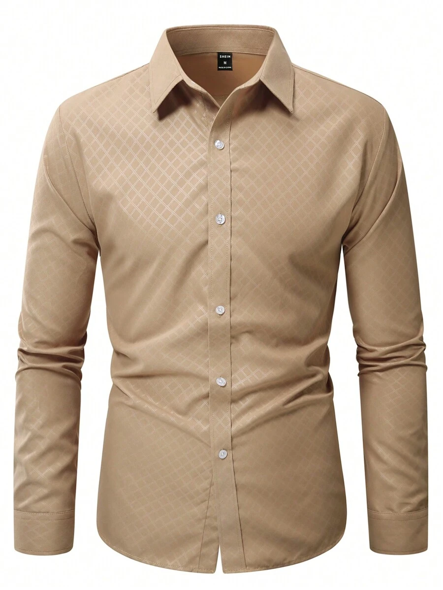 Manfinity Mode Men's Solid Color Casual Slim Fit Long Sleeve Shirt, Fall - Coffee Brown - View 1