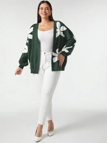 Mindsi Designer Plus Floral Flower Pattern Drop Shoulder Cardigan, Fall, For Autumn & Winter, For Holiday, Vacation, Valentine's Day, Festival - Multicolor - View 3