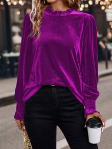 SHEIN Clasi Của phụ nữ Nhung Áo sơ mi Với Viền Ruffle - Màu đỏ tím - Xem 4