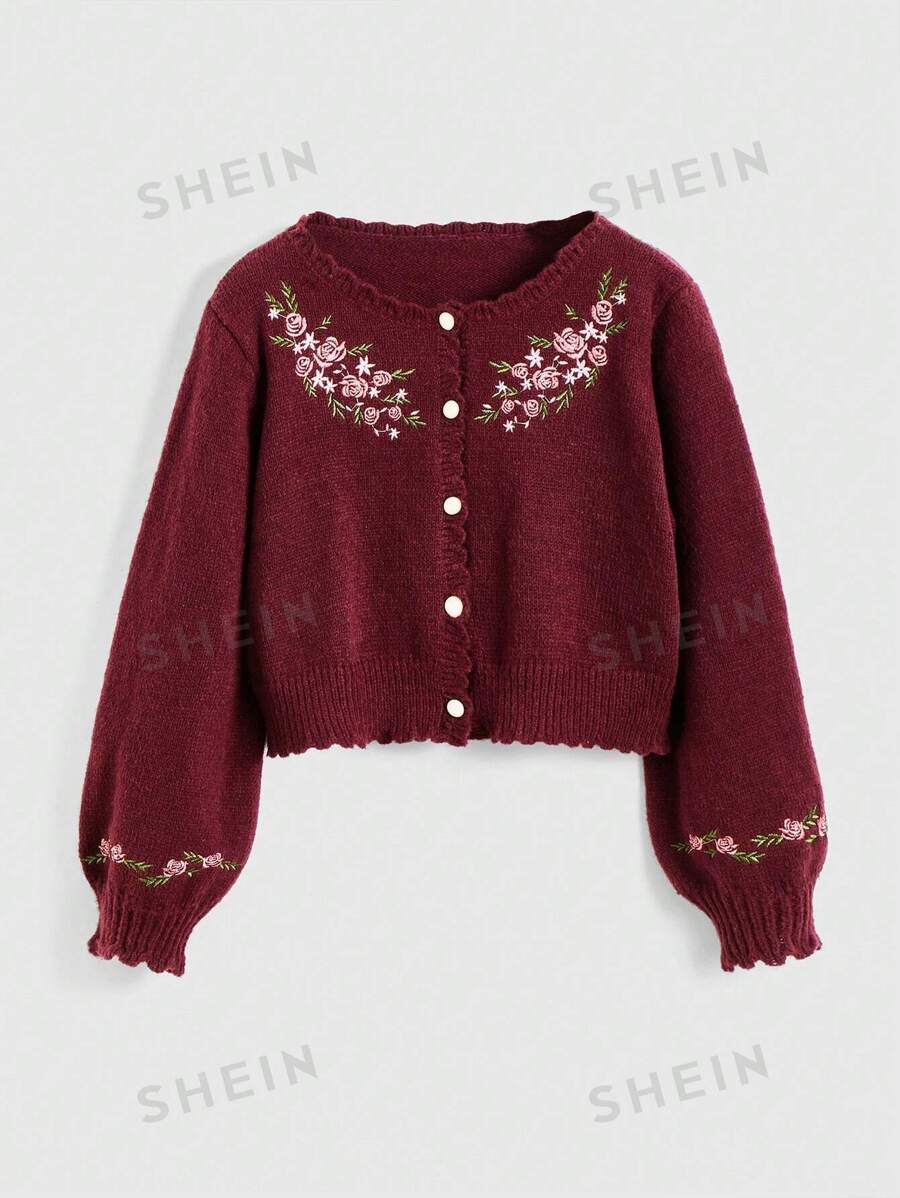 ROMWE J-Fashion Cárdigan de suéter con botones, de manga larga y bordado floral vintage y lindo para mujer - Burdeos - Ver 1