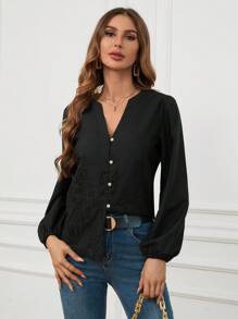 GENKIRA Random Embroidered Long Sleeve Women's Shirt Fall Cloth For Women - Black - View 6