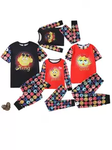 Tween Girl Snug Fit Allover Cartoon Print Tee And Pants Pajamas Set, Family Matching Outfits Mommy And Me - Red - View 1
