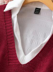 SHEIN Frenchy 純色雙口袋毛線背心 - 酒紅色 - 查看 4