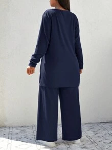 EURMUSE Plus Solid Split Hem Tee & Wide Leg Pants - Navy Blue - View 2