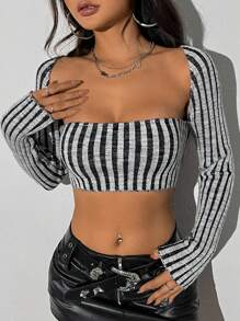 SHEIN Unity Women's Short Striped Sweater Knit Pullover Fall Winter Outfit - Grey - View 1