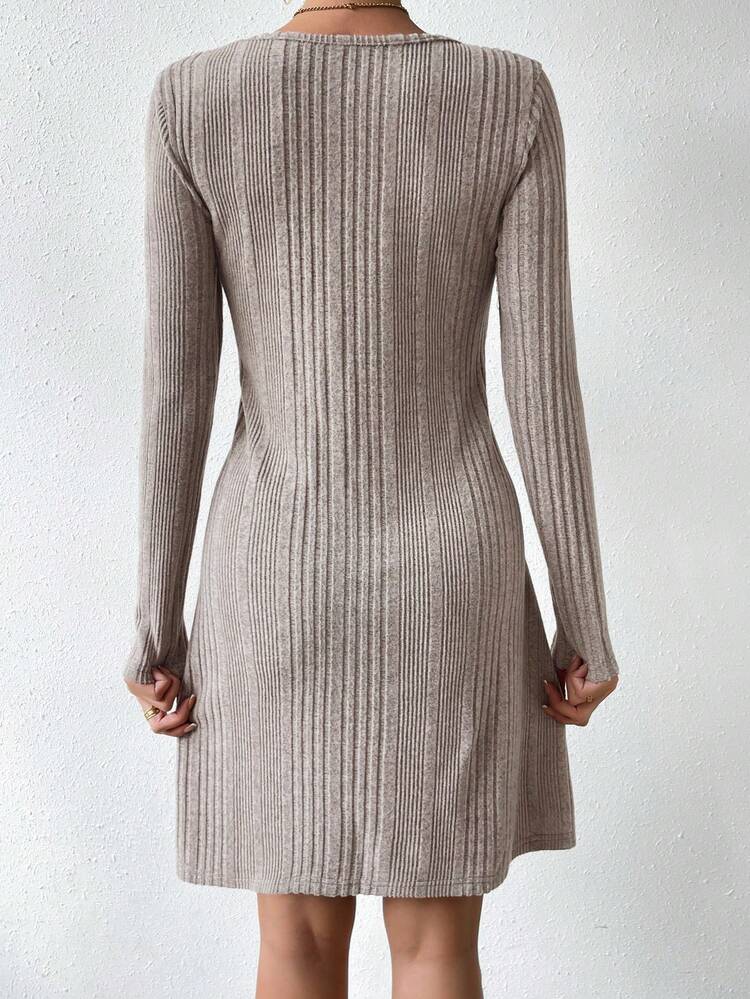 Women's Solid Color Round Neck Ribbed Casual Dress Without Belt Fall Cloth For Women