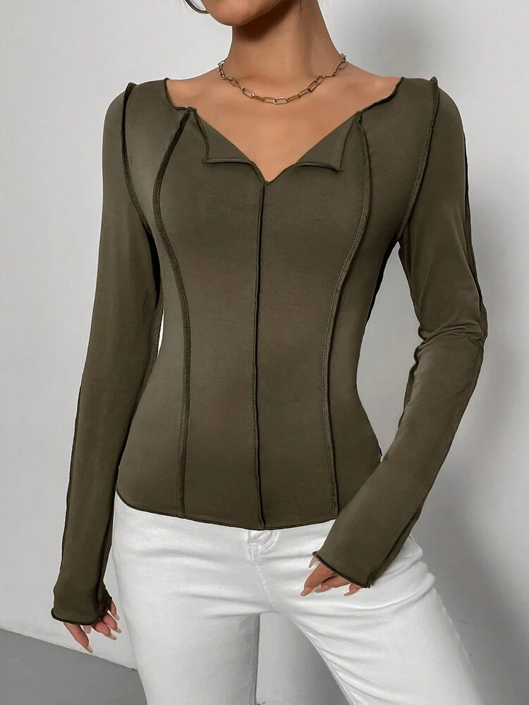 Women Spring And Autumn Leisure Solid Color Notch Neckline Contrast Stitching Long Sleeve T-Shirt