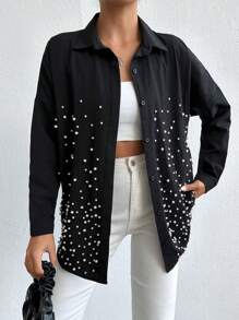 RueChic Loose-fitting Casual Shirt With Beaded Drop Shoulder Sleeve Detail - Black - View 1