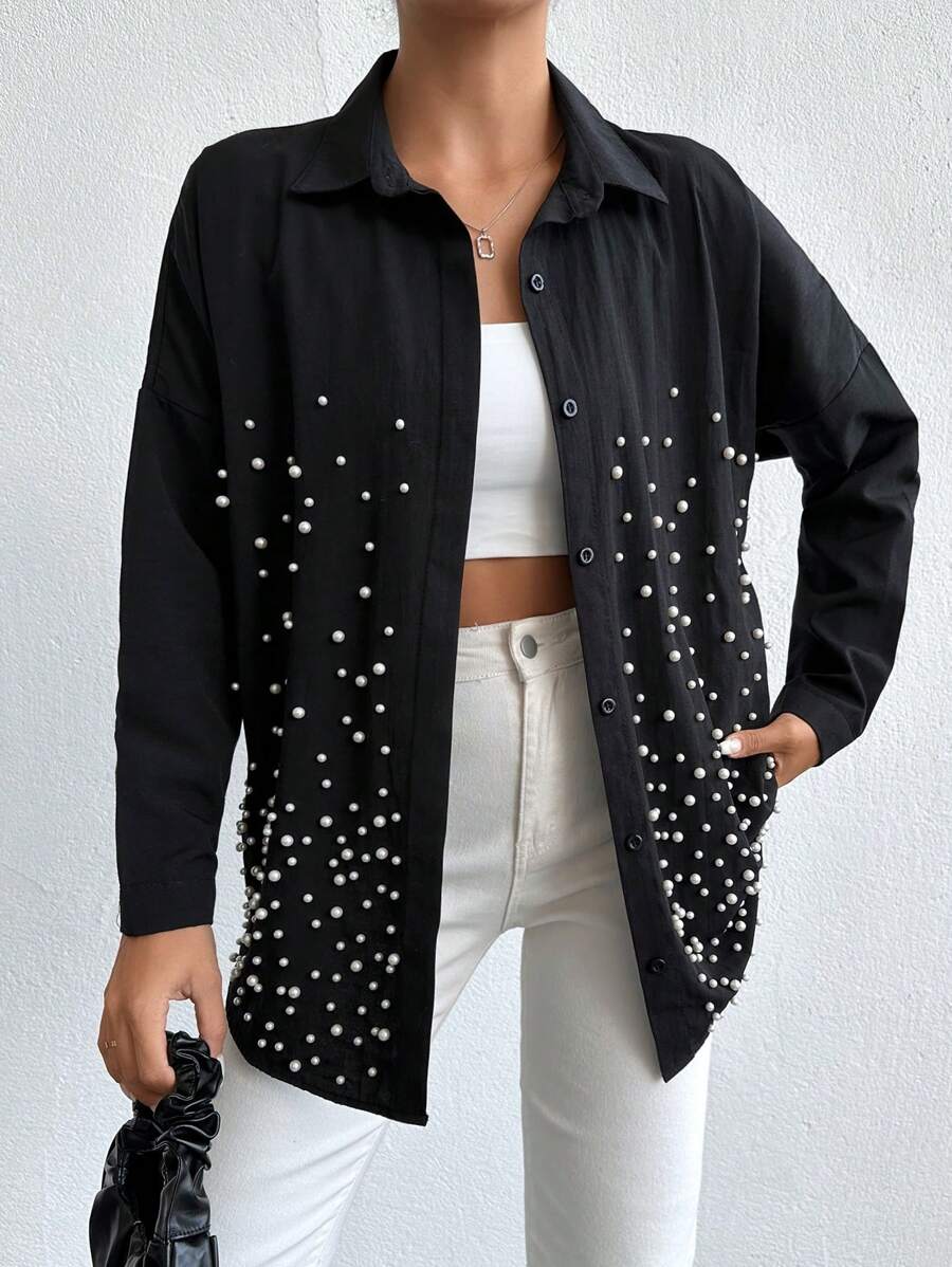 RueChic Loose-fitting Casual Shirt With Beaded Drop Shoulder Sleeve Detail - Black - View 1
