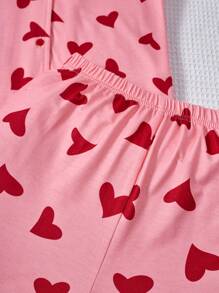 SHEIN 少女甜心圖案針織短袖開衫和短褲組合，舒適休閒家居服套裝，2件裝 - 淺粉色 - 查看 5