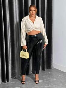 SHEIN SXY Kích thước lớn Màu thuần Tay áo dài Xoắn Nút Áo sơ mi - Màu vàng - Xem 6