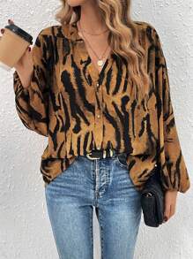 SHEIN Clasi Tiger Striped Print Lantern Sleeve Blouse - Multicolor - View 1