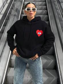 RueChic Women's Heart Pattern Hooded Sweatshirt With Drawstring - Black - View 1