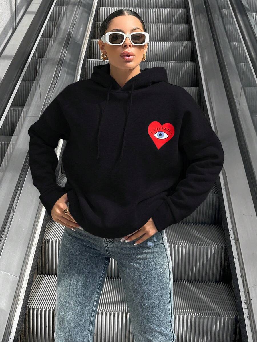 RueChic Women's Heart Pattern Hooded Sweatshirt With Drawstring - Black - View 1