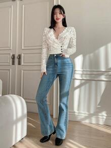 DAZY 蕾丝边扇贝下摆长袖衬衫外出上衣透明 - 米色 - 查看 7