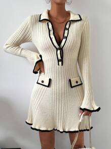 Chiquease Vestido Estilo Suéter Con Ribetes Y Detalle De Solapa En Bloques De Color - Albaricoque - Ver 4