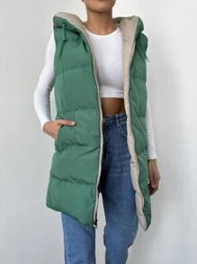 EURMUSE Zip Up Drawstring Hooded Vest Puffer Coat - Green - View 4