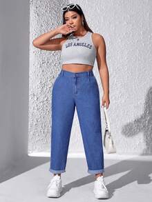 SHEIN EZwear Kích thước lớn Cao eo Quần denim Với Đường chéo Túi - Rửa tối - Xem 4