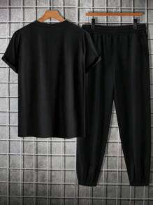 Manfinity Homme Loose Fit Men's Letter Printed Round Neck T-Shirt And Jogger Pants Set - Black - View 2