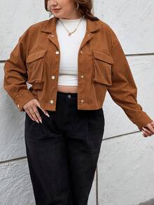 SHEIN Essnce Plus Áo khoác nhung có túi thả vai - Lạc đà - Xem 4