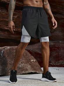 Manfinity Sport Corelite Pantaloni scurți sport 2 în 1 pentru bărbați, cu dungi contrastante, pantaloni scurți de trening, pantaloni scurți negri - Negru - Vizualizare 1