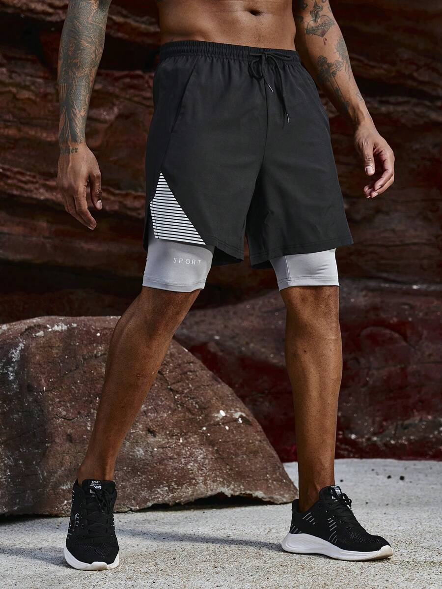 Manfinity Sport Corelite Pantaloni scurți sport 2 în 1 pentru bărbați, cu dungi contrastante, pantaloni scurți de trening, pantaloni scurți negri - Negru - Vizualizare 1