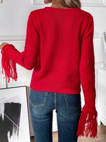 SHEIN LUNE Của phụ nữ Tua Cổ tay áo Áo len - Đỏ - Xem 2