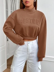 SHEIN EZwear 女用字母壓花立領超大落肩運動衫 - 咖啡棕 - 查看 7