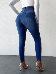 SHEIN PETITE Của phụ nữ Cao eo Thon gọn Quần jean - Rửa tối - Xem 2