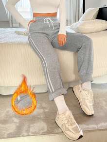 Muchica 撞色飾邊側條紋抽繩腰部慢跑褲 - 灰色 - 查看 4