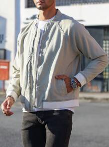 Manfinity Homme Loose Men's Vintage Denim Jacket With Baseball Collar And Raglan Sleeves - Khaki - View 4