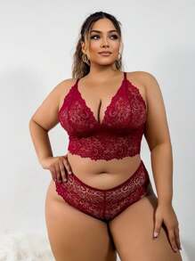 Plus Size Lace Perspective Sexy Lingerie Set - Burgundy - View 4