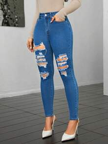 SHEIN Essnce Của phụ nữ Gầy Quần jean rách Với Nghiêng Túi - Rửa nhẹ - Xem 5