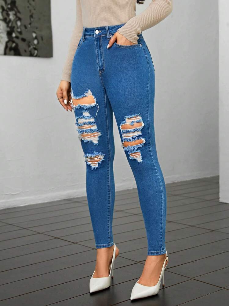 SHEIN Essnce Của phụ nữ Gầy Quần jean rách Với Nghiêng Túi - Rửa nhẹ - Xem 5
