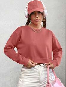 SHEIN EZwear Chất rắn Lót nhiệt Áo len crop - Màu hồng gỉ - Xem 7