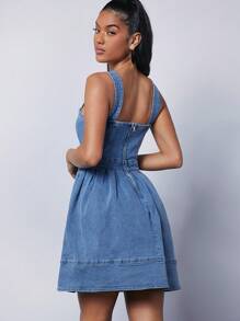 Denimoi Square Neck Pleated Denim Dress - Medium Wash - View 2