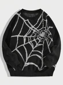 ROMWE MEN Goth Suéter con cuello redondo para hombre con estampado de telaraña para Halloween, escuela