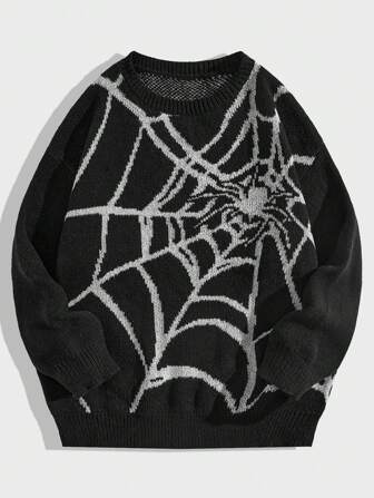 Goth Men Spider Web Pattern Pullover Sweater For Halloween, School