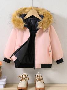 SHEIN Little Girls' Spliced Collar Zip Front Parka, Winter - Dusty Pink - View 1