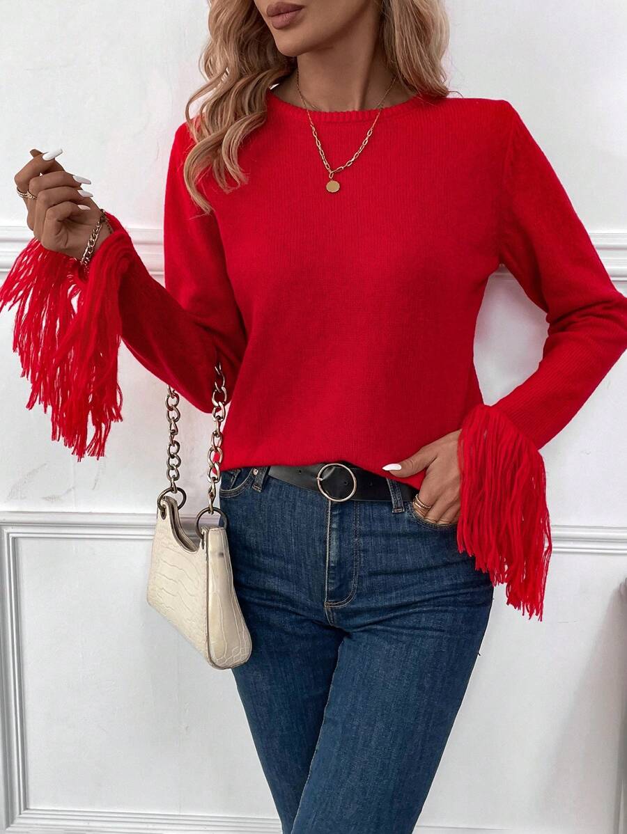 SHEIN LUNE Của phụ nữ Tua Cổ tay áo Áo len - Đỏ - Xem 1