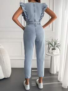 Ruffle Trim Button Front Denim Jumpsuit - Light Wash - View 2